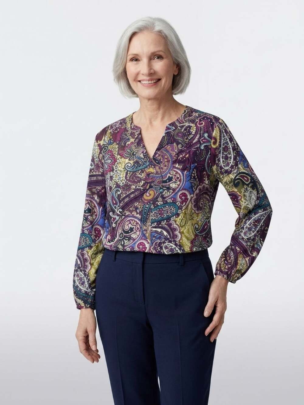 Chico's Sublime Paisley Print Stretch Knit Ruffle Neck Blouse Top